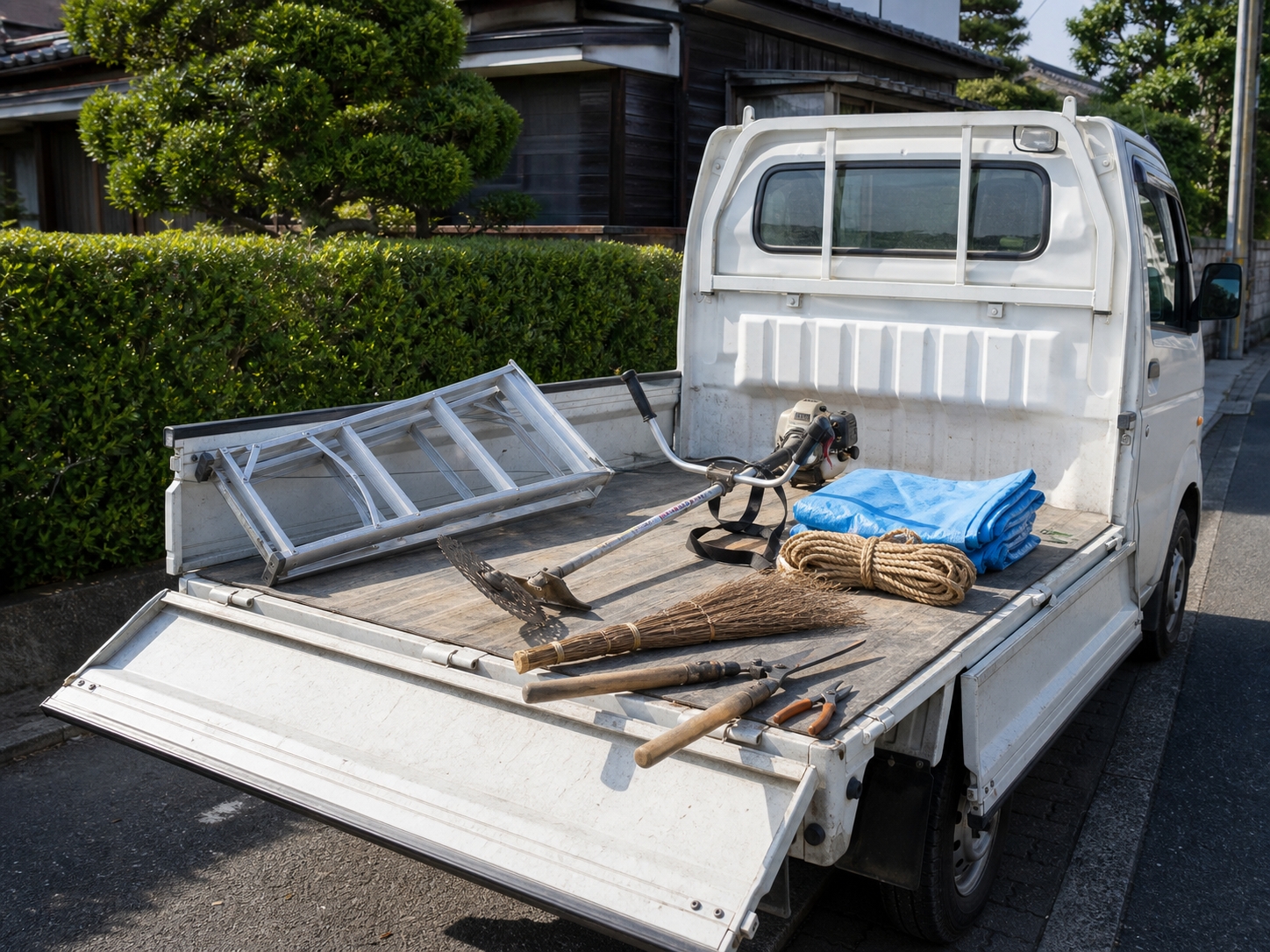 軽トラックの荷台に積まれた脚立・刈り込みバサミ・草刈り機などの道具