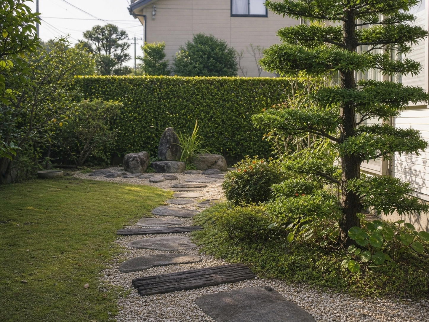 生垣と石張りの小道、枕木を組み合わせた住宅の庭