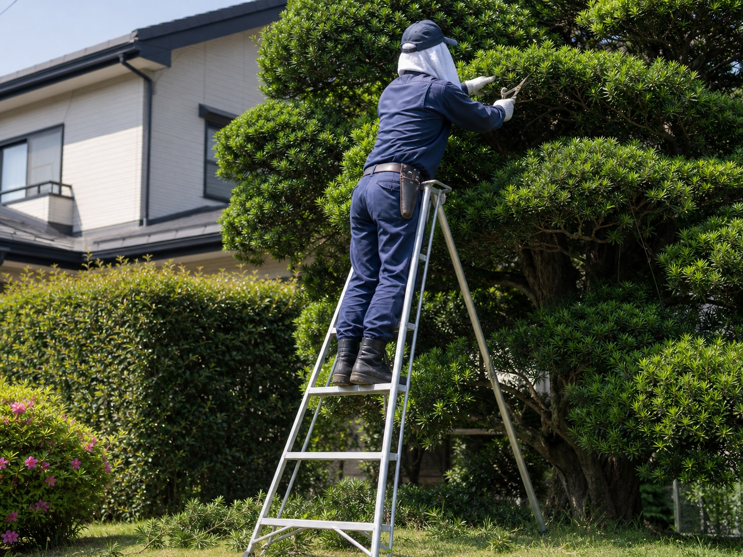 脚立に上がり、伸びた庭木を剪定している作業の様子
