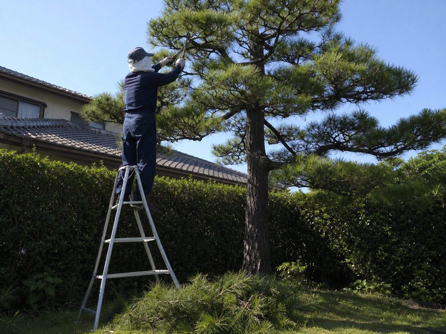 三脚脚立に上がって高く育った松の枝を剪定している様子