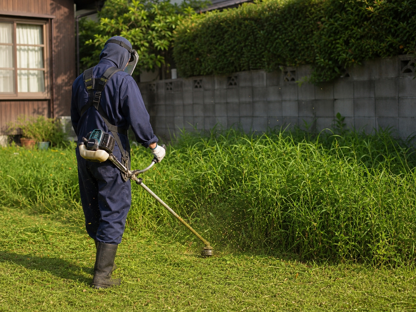肩掛け式の草刈り機で庭の雑草を刈っている様子